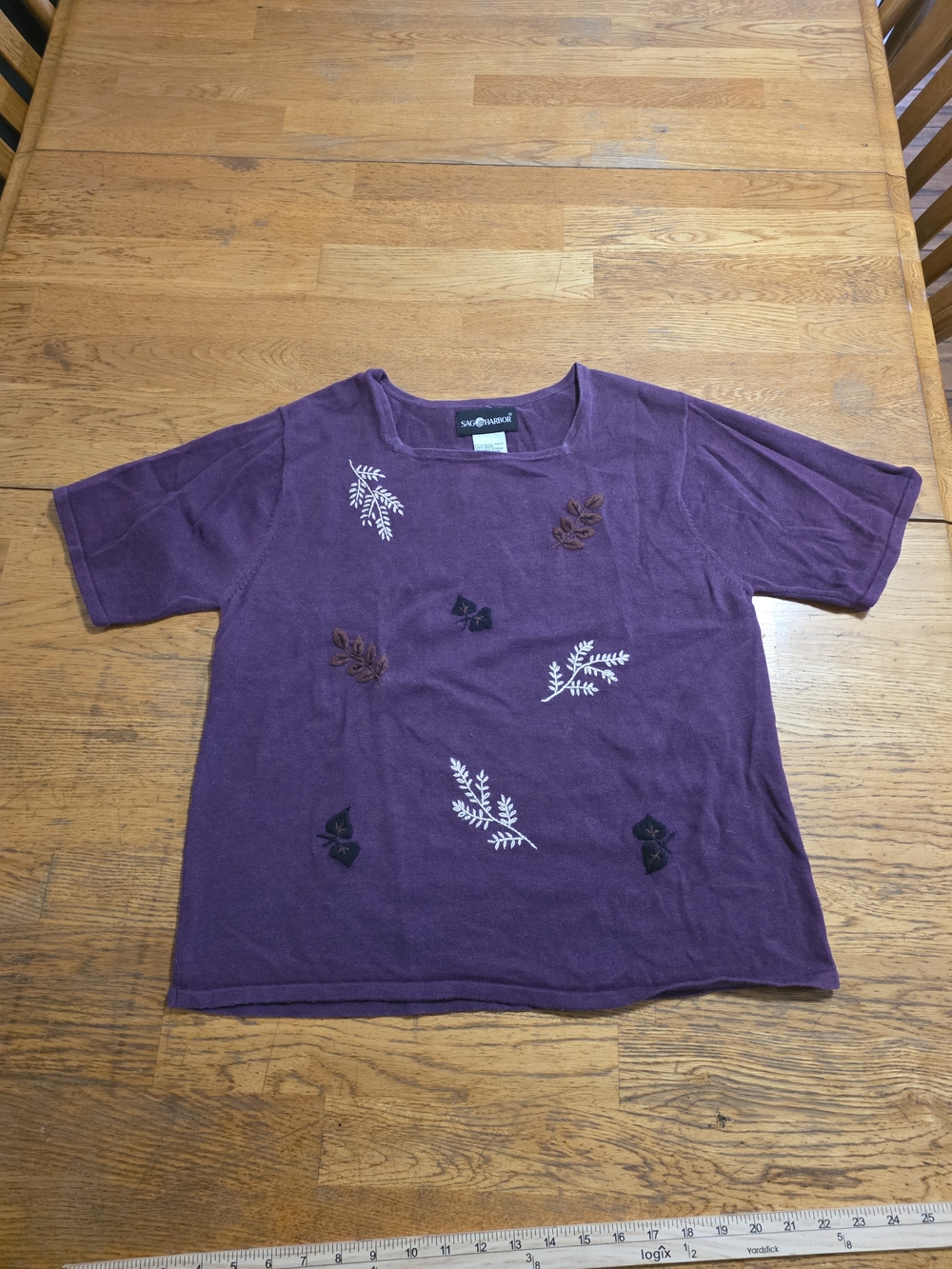 Sag Harbour Vintage Embroidered Grandmacore Leaf Shirt Deep Purple